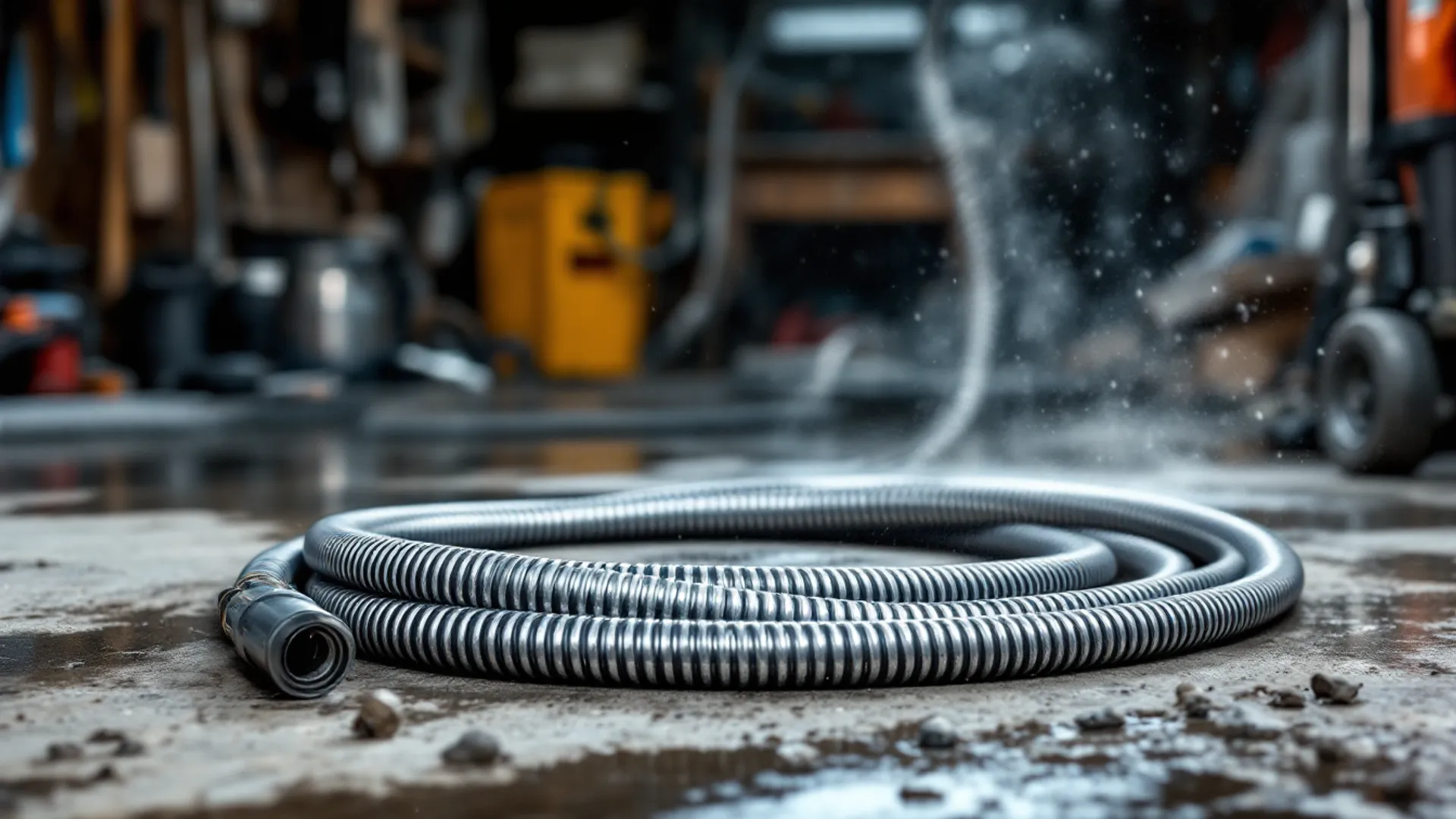 High-pressure drain jetting hose ready for blocked drain clearance