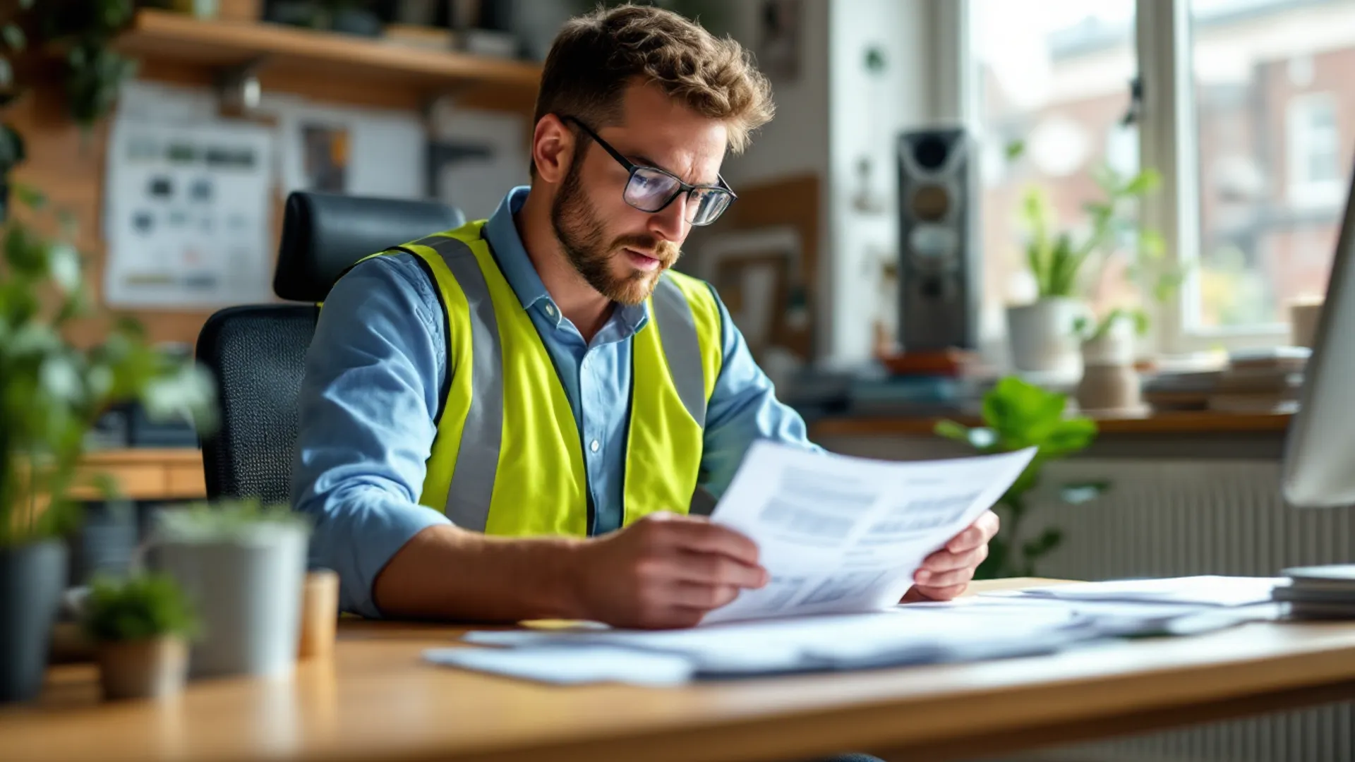 Drainage engineer reviewing industry updates and site paperwork