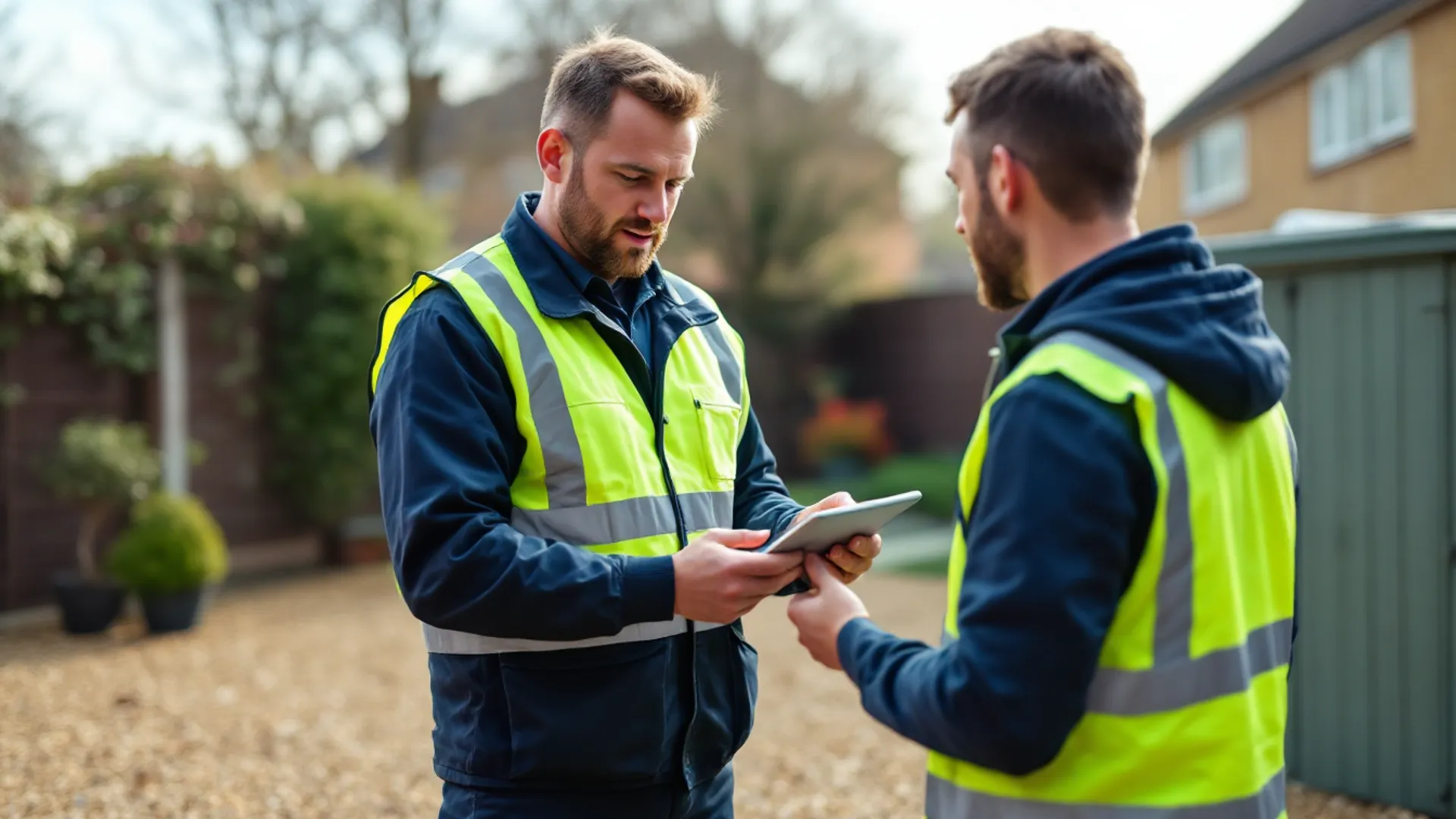 Drainage engineer explaining a CCTV drain survey image to a homeowner