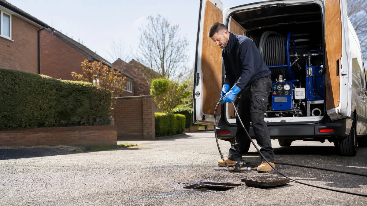 Drainage engineer preparing jetting equipment beside a clean service van