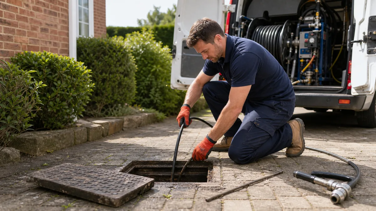 Blocked outside drain being cleared with professional equipment