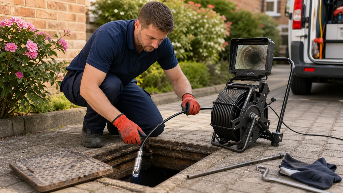 CCTV drain survey camera being fed into an inspection chamber