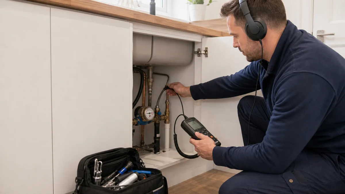 Leak detection engineer using acoustic equipment inside a home