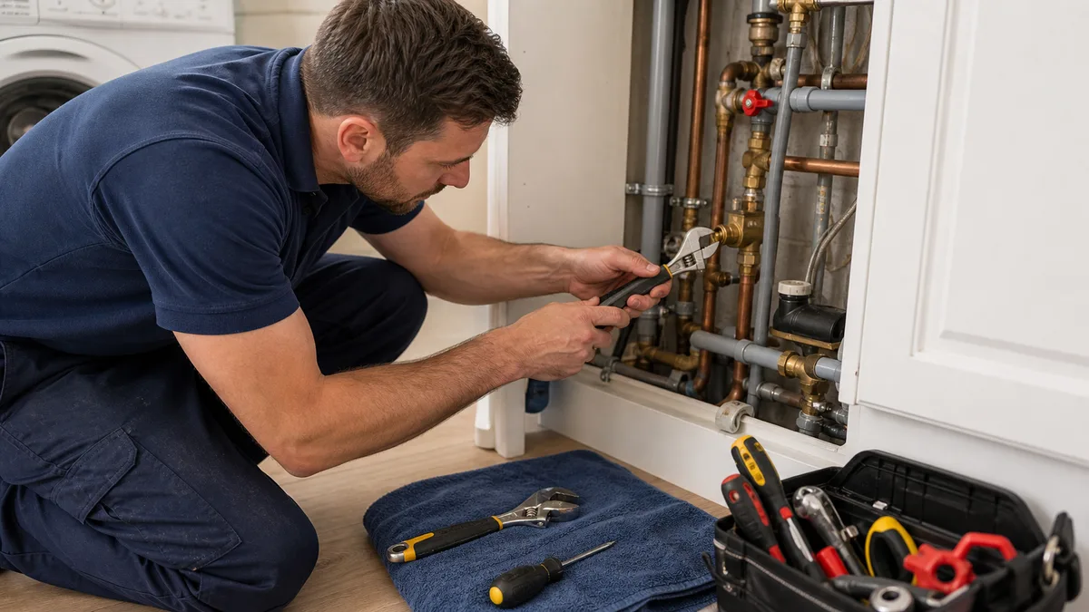 Plumber repairing domestic pipework with professional hand tools