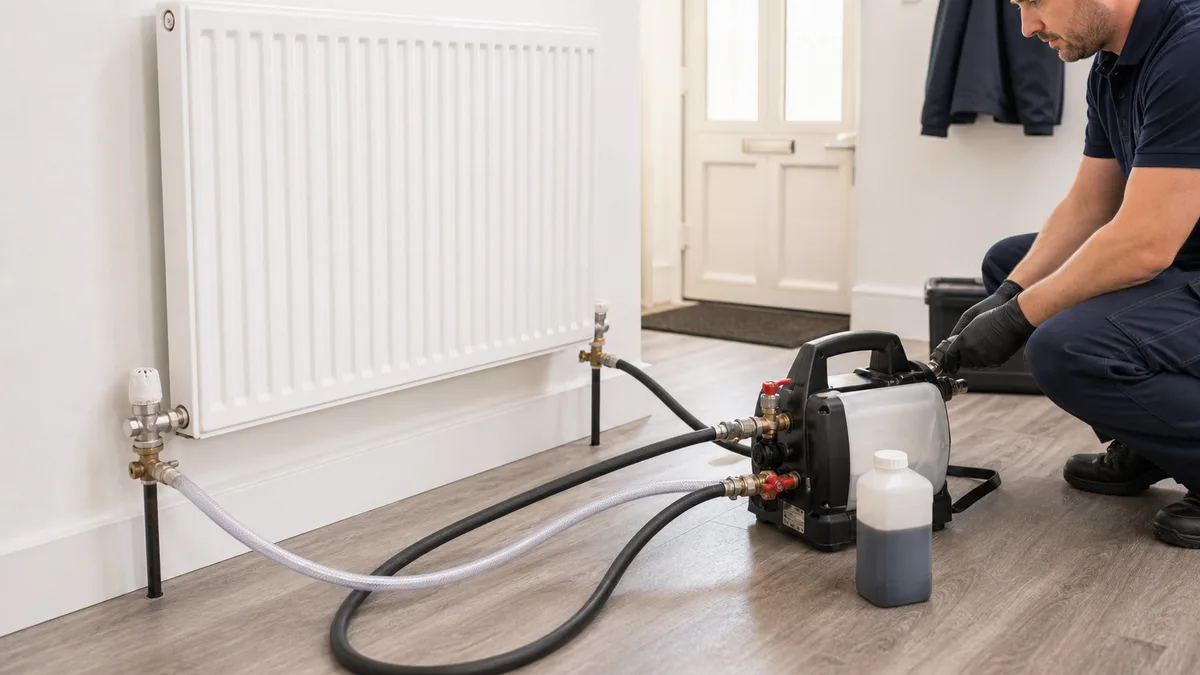 Central heating powerflush machine connected to pipework