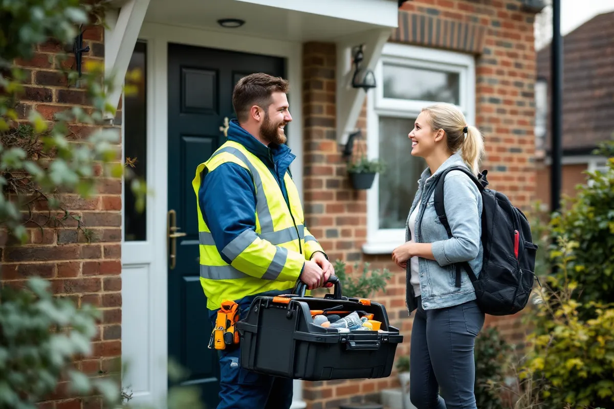 Local engineer arriving at UK residential property with tools and equipment
