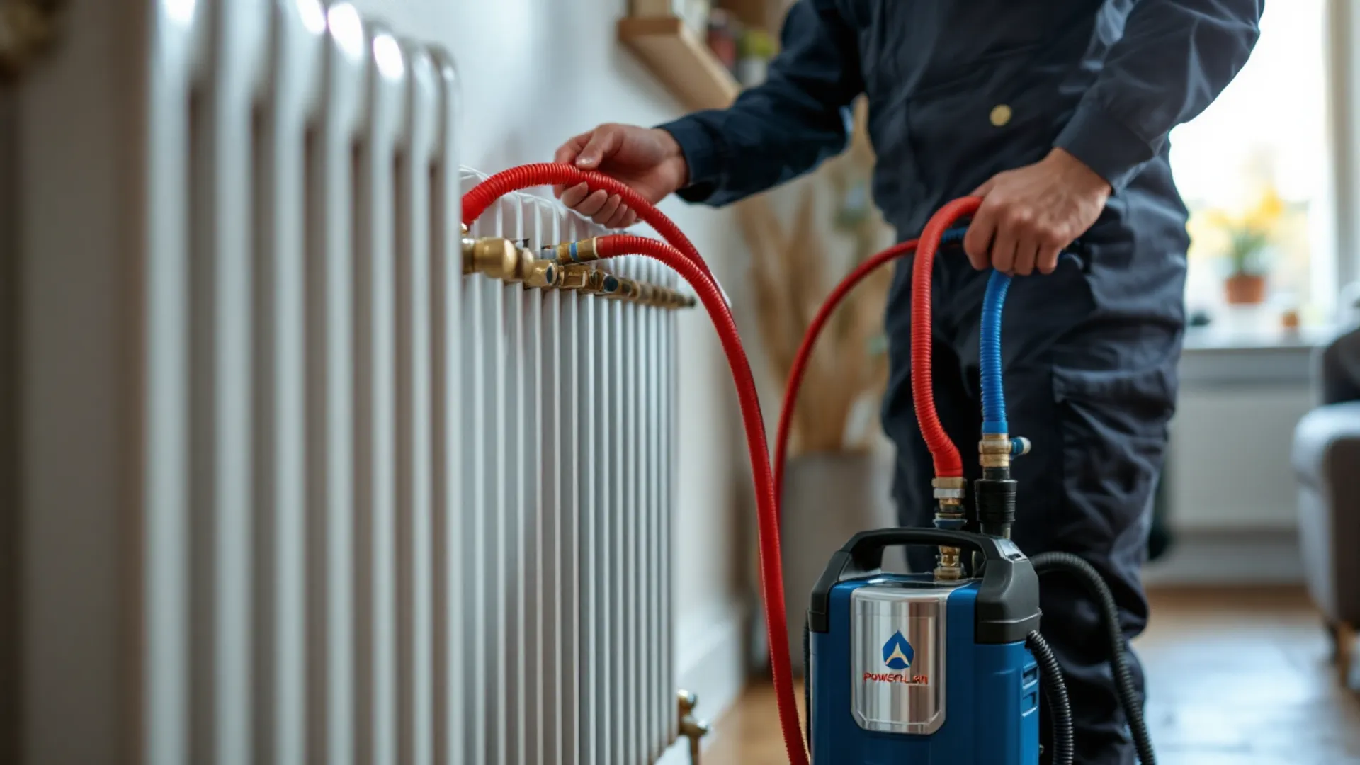 Engineer connecting powerflush equipment to central heating radiator